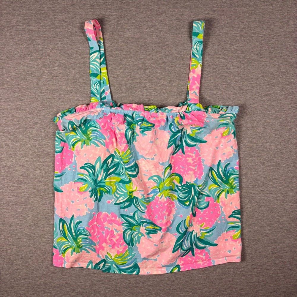 Lilly Pulitzer Jia Top Womens XL Blue Pink Ruffle Cami Tropical 005046